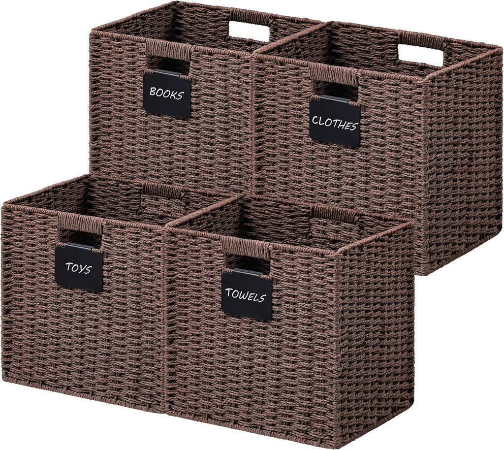 UBBCARE 4 Pack Wicker Basket, 12×12 Storage Cubes with Label, Foldable Cube Storage Bin with Handle, Square Storage Basket for Shelves, Woven Paper Rope Basket for Organizing, Brown