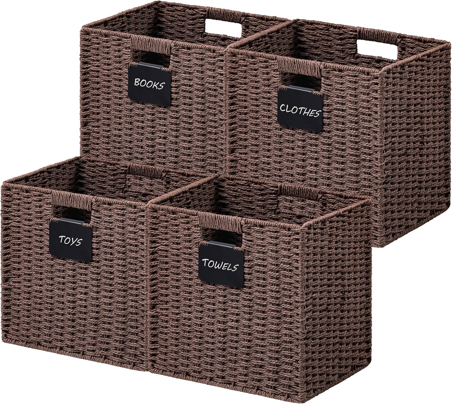UBBCARE 4 Pack Wicker Basket, 12×12 Storage Cubes with Label, Foldable Cube Storage Bin with Handle, Square Storage Basket for Shelves, Woven Paper Rope Basket for Organizing, Brown