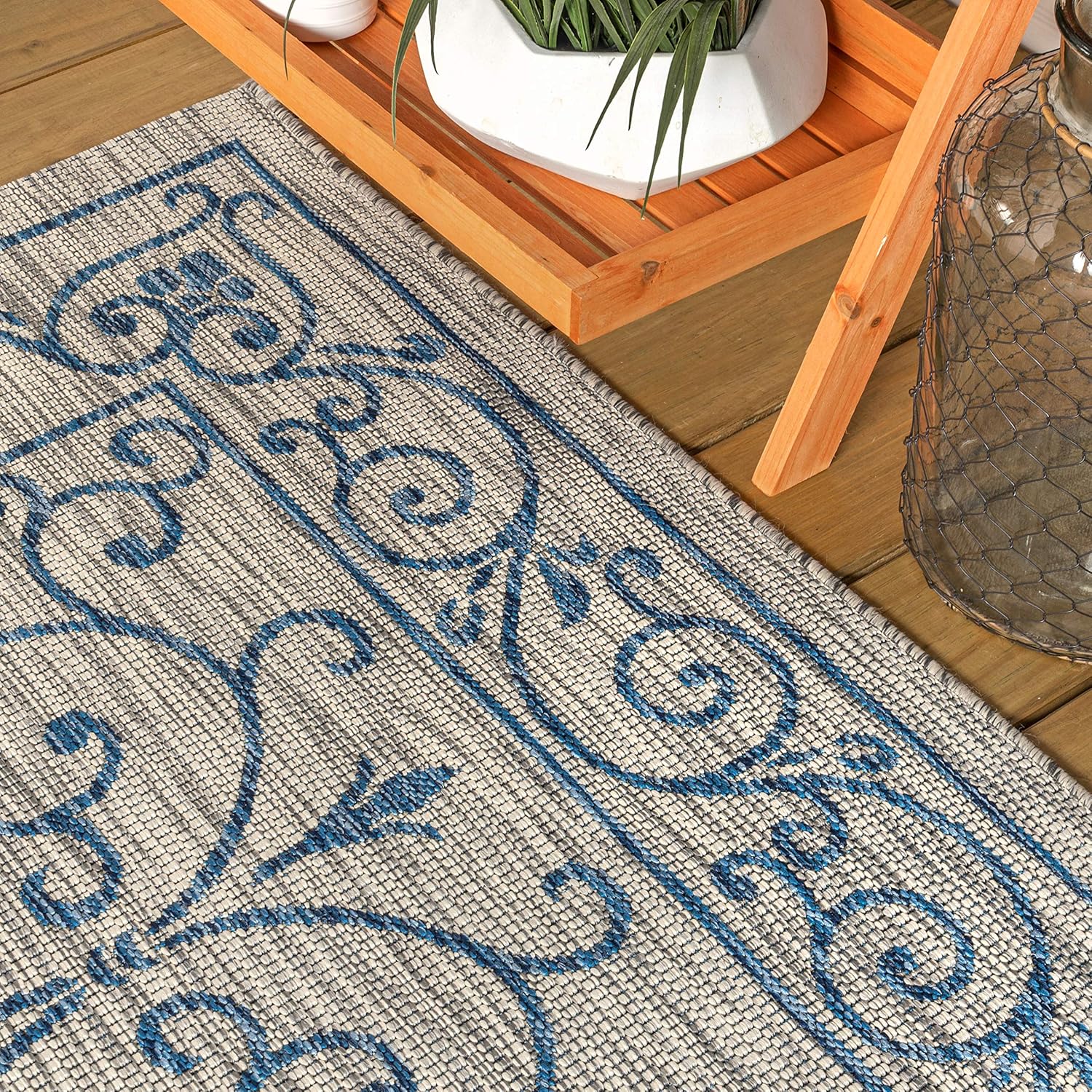JONATHAN Y SMB106C-210 Charleston Vintage Filigree Textured Weave Indoor Outdoor Runner Rug Classic Coastal Easy-Cleaning Bedroom Kitchen Backyard Patio Non Shedding, 2 X 10, Gray/Navy