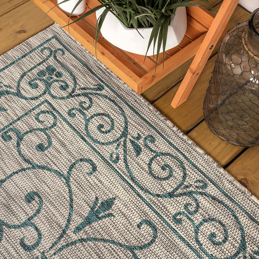 JONATHAN Y SMB106E-28 Charleston Vintage Filigree Textured Weave Indoor Outdoor Rug LivingRoom Backyard,2 X 8,Gray/Teal