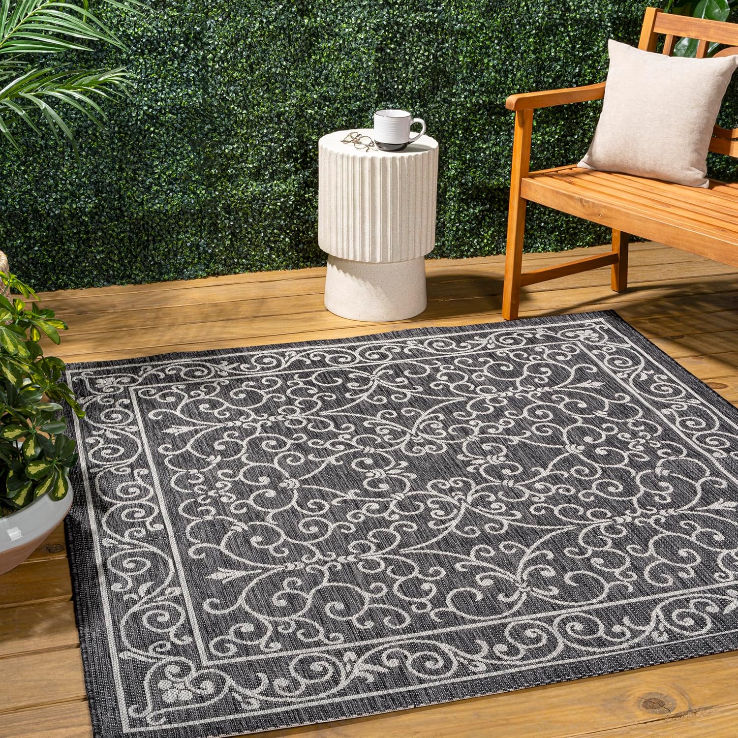 JONATHAN Y SMB106G-8SQ Charleston Vintage Filigree Textured Weave Black/Gray 8' Square Indoor/Outdoor Area Rug, Pet Friendly, Non-Shedding, Stain Resistant, Easy-Cleaning for Backyard, Patio, Porch