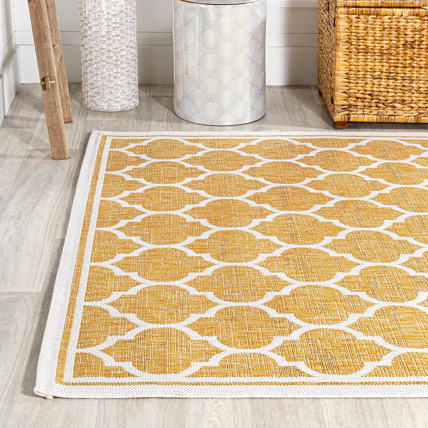 Eyely BMS109F-5 Santa Monica Trebol Moroccan Trellis Textured Weave Indoor/Outdoor Area Rug Coastal;Bohemian, Bedroom, Backyard, Patio, Easy-Cleaning, Non-Shedding, 5 X 8, Yellow/Cream