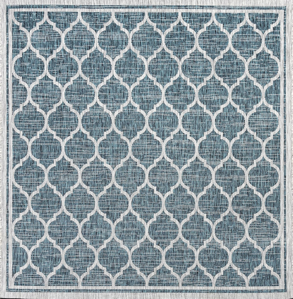 Eyely BMS109E-5SQ Santa Monica Trebol Moroccan Trellis Textured Weave Indoor/Outdoor Area Rug Coastal;Bohemian, Bedroom, Backyard, Patio, Easy-Cleaning, Non-Shedding, 5' Square, Teal/Gray
