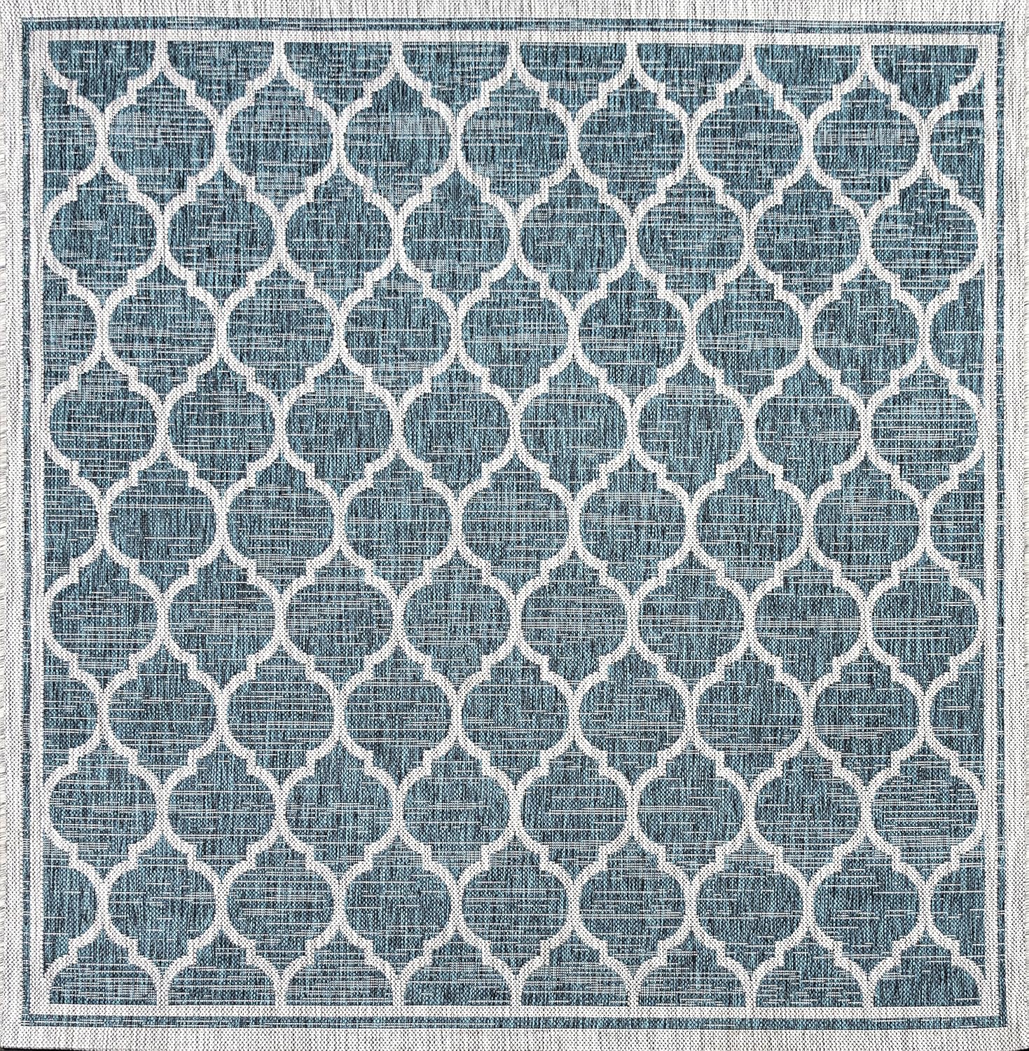 Eyely BMS109E-5SQ Santa Monica Trebol Moroccan Trellis Textured Weave Indoor/Outdoor Area Rug Coastal;Bohemian, Bedroom, Backyard, Patio, Easy-Cleaning, Non-Shedding, 5' Square, Teal/Gray