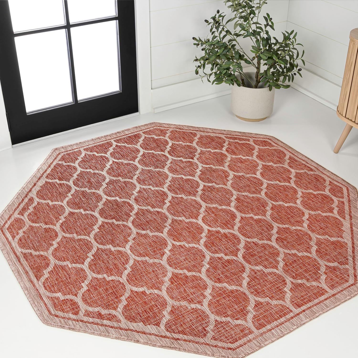 Eyely BMS109C-5TGN Trebol Moroccan Trellis Textured Weave Red/Beige 5' Octagon Indoor/Outdoor Area Rug, Red/Beige, 5' Octagon, Indoor/Outdoor, Area Rug