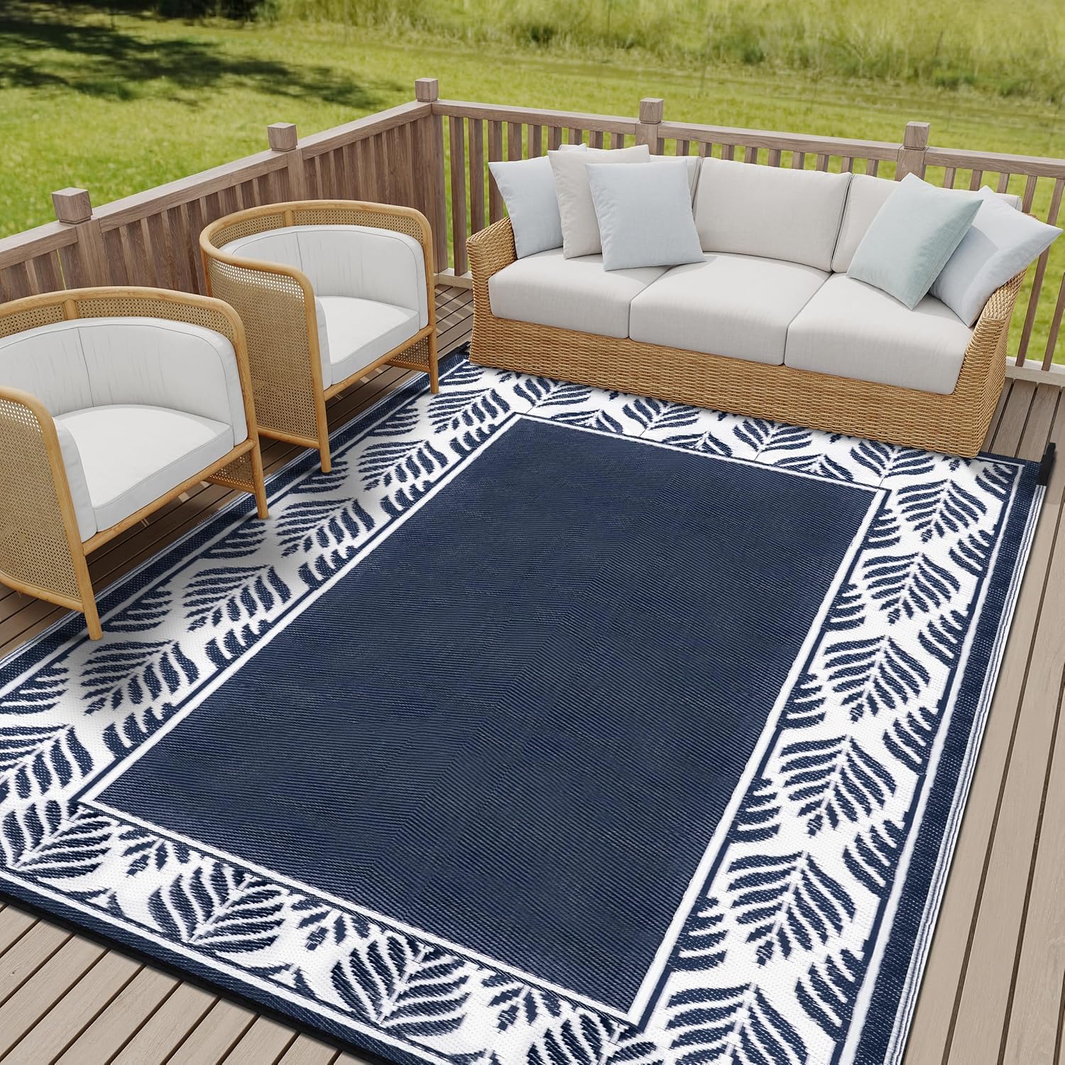 Outdoor Plastic Straw Rug, Waterproof Mat, Washable Large Floor Mat and Rug for Outdoors, RV, Beach, Patio, Camping, Backyard, Deck, Picnic, Outside (Olive-Leaf/Dark Blue&White,9x12ft)