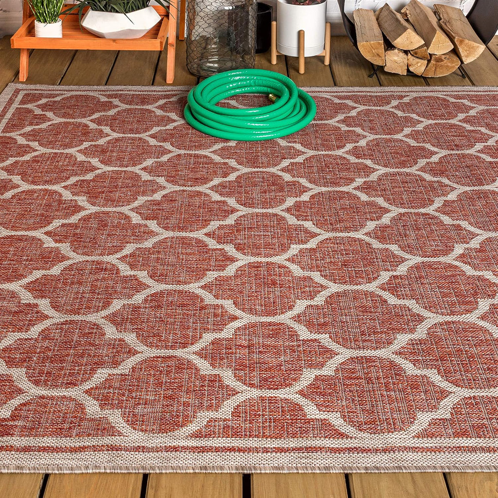 Eyely BMS109C-9 Santa Monica Trebol Moroccan Trellis Textured Weave Indoor/Outdoor Area Rug Coastal;Bohemian, Bedroom, Backyard, Patio, Easy-Cleaning, Non-Shedding, 9 X 12, Red/Beige