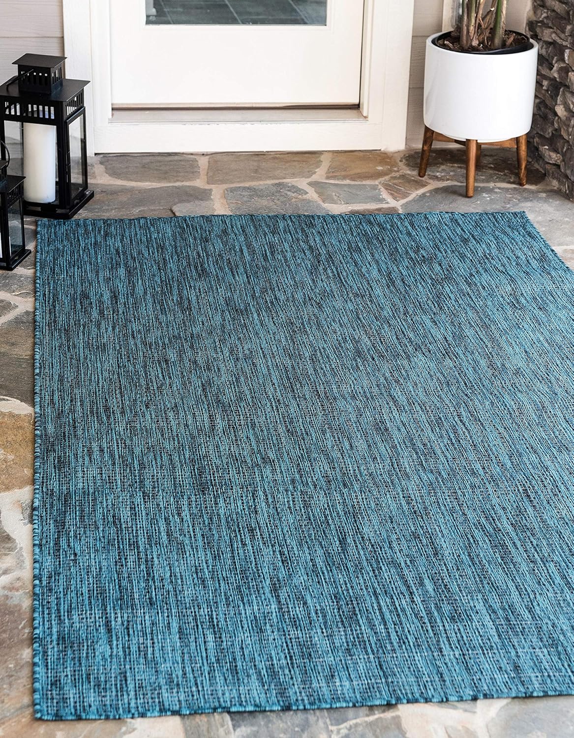 Unique Loom Collection Casual Transitional Solid Heathered Indoor/Outdoor Flatweave Area Rug (8' x 11' 4" Rectangle, Teal/Navy Blue)