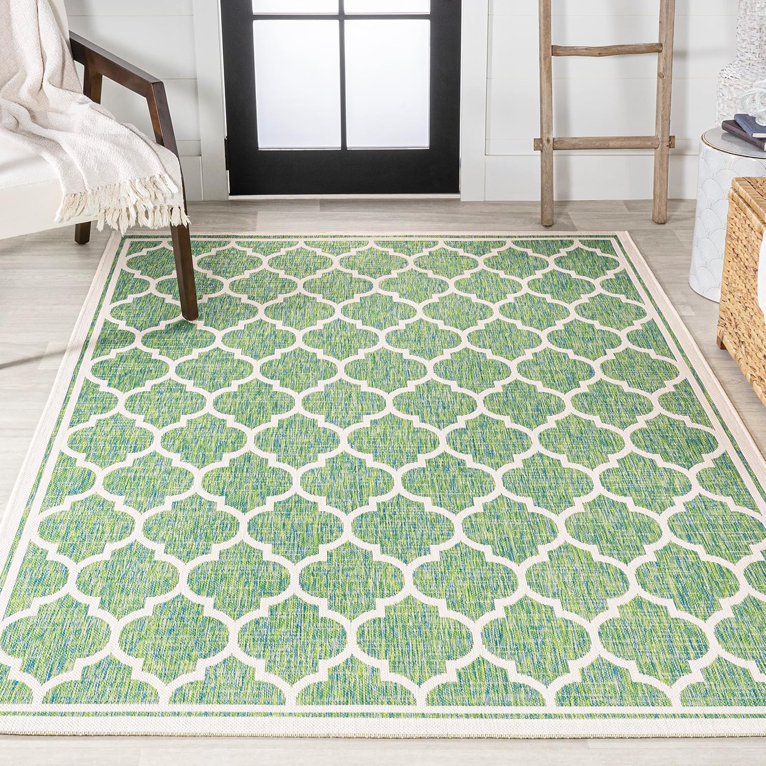 Eyely BMS109I-9 Santa Monica Trebol Moroccan Trellis Textured Weave Indoor/Outdoor Area Rug Coastal;Bohemian, Bedroom, Backyard, Patio, Easy-Cleaning, Non-Shedding, 9 X 12, Cream/Green