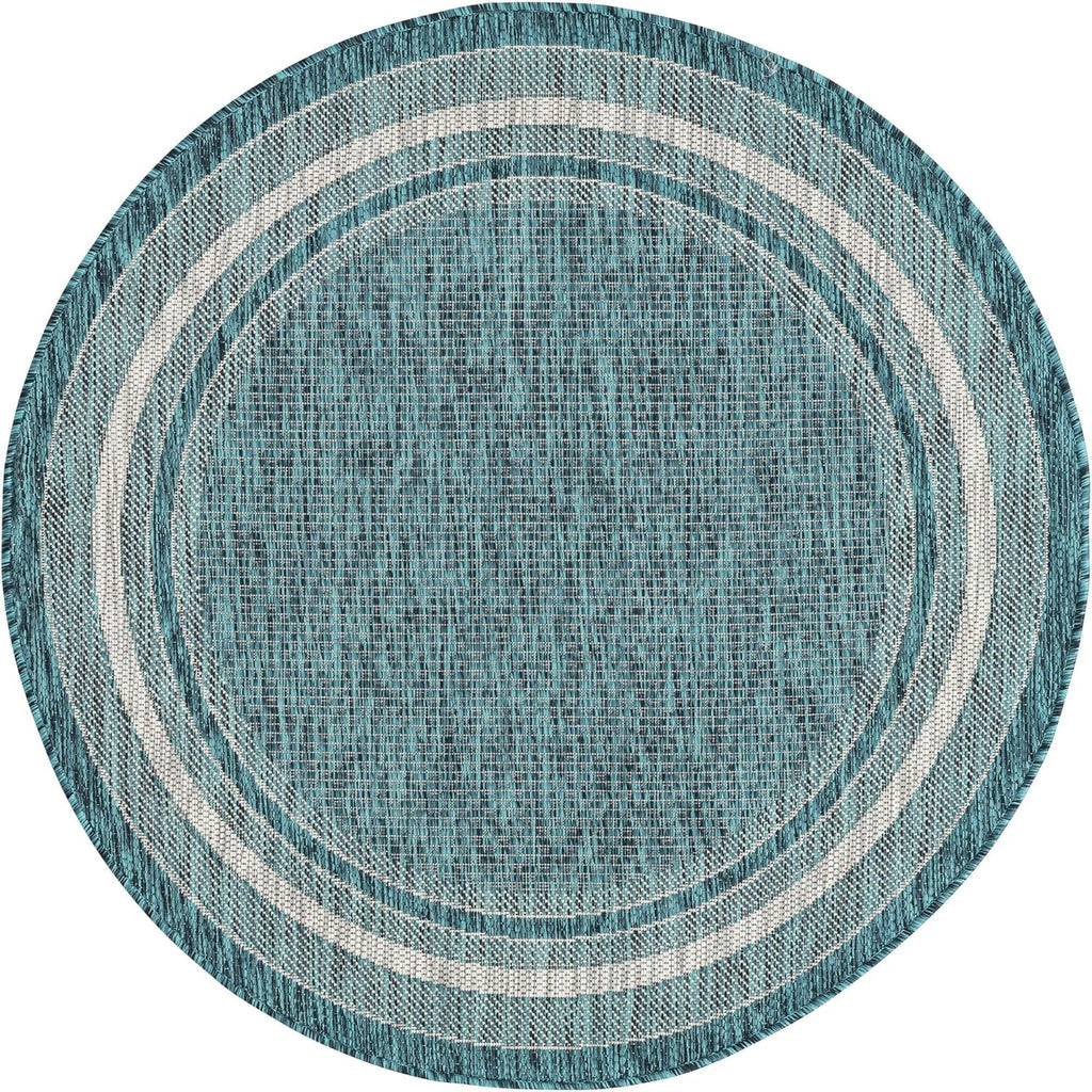 Unique Loom Outdoor Border Collection Area Rug - Soft Border (4' Round Teal/Ivory)