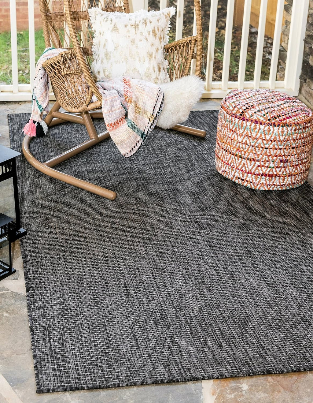 Unique Loom Collection Casual Transitional Solid Heathered Indoor/Outdoor Flatweave Area Rug (5' 1" x 8' Rectangle, Black/Ivory)
