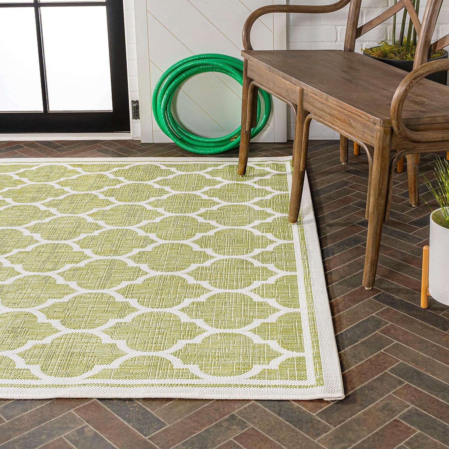 Eyely BMS109G-9 Santa Monica Trebol Moroccan Trellis Textured Weave Indoor/Outdoor Area Rug Coastal;Bohemian, Bedroom, Backyard, Patio, Easy-Cleaning, Non-Shedding, 9 X 12, Green/Cream