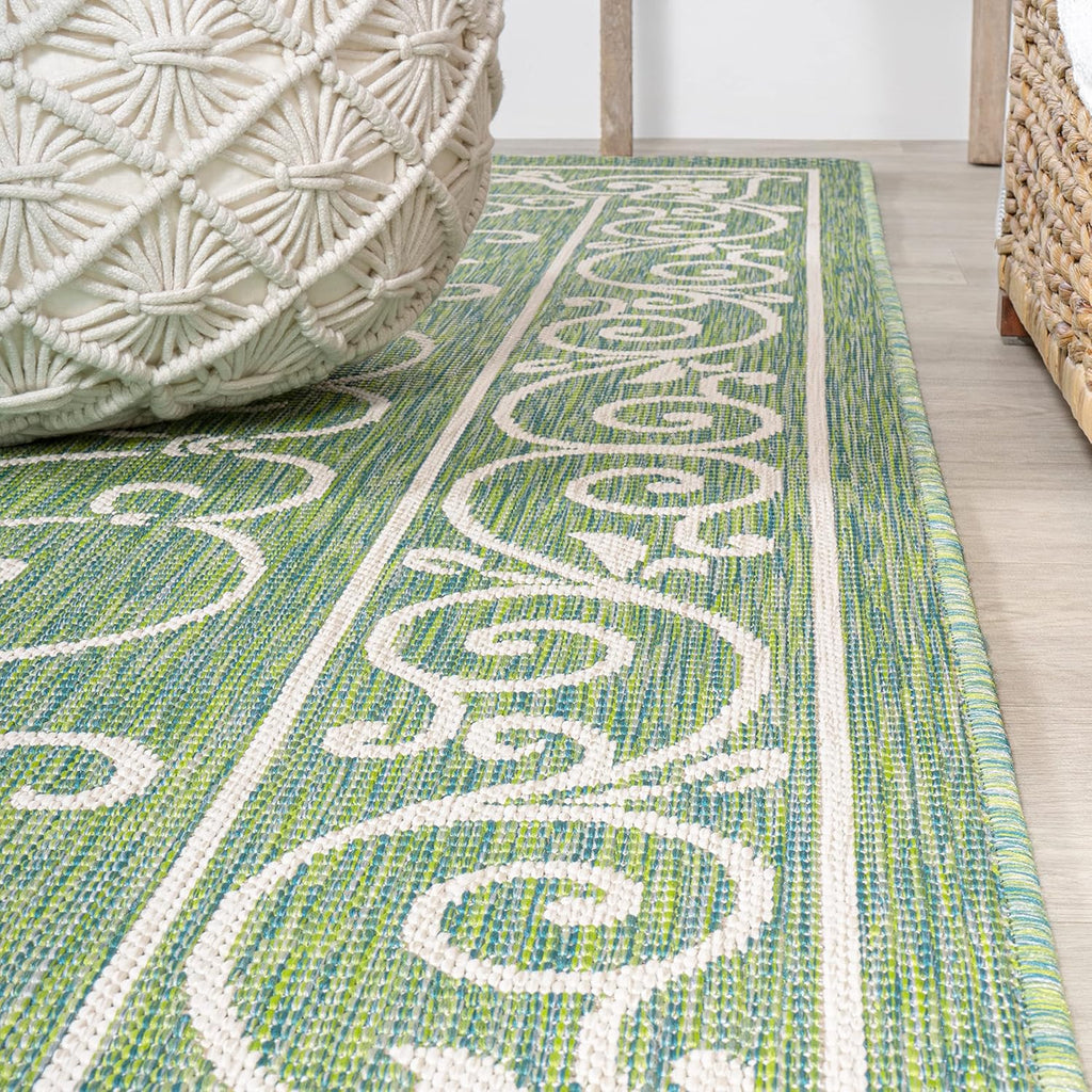 JONATHAN Y SMB106K-210 Charleston Vintage Filigree Textured Weave Indoor Outdoor Runner Rug, Classic, Traditional, Transitional Easy Clean,Bedroom,Kitchen,Backyard,Patio, Non-Shed, Green/Ivory, 2 X 10