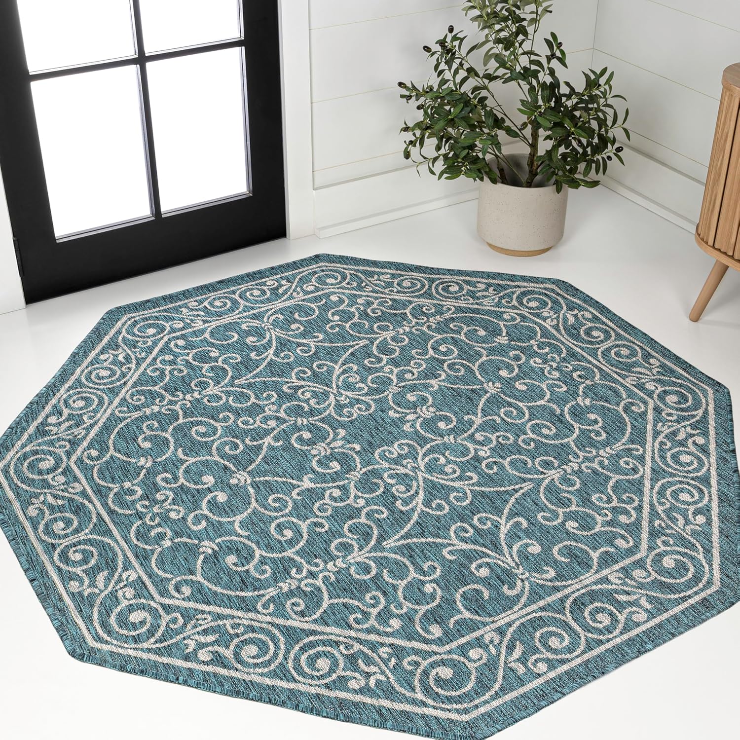 JONATHAN Y SMB106F-8TGN Charleston Vintage Filigree Textured Weave Teal/Gray 8' Octagon Indoor/Outdoor Area Rug, Non-Shedding, Stain Resistant,Fade Resistant, Easy-Cleaning for Backyard Patio, Porch