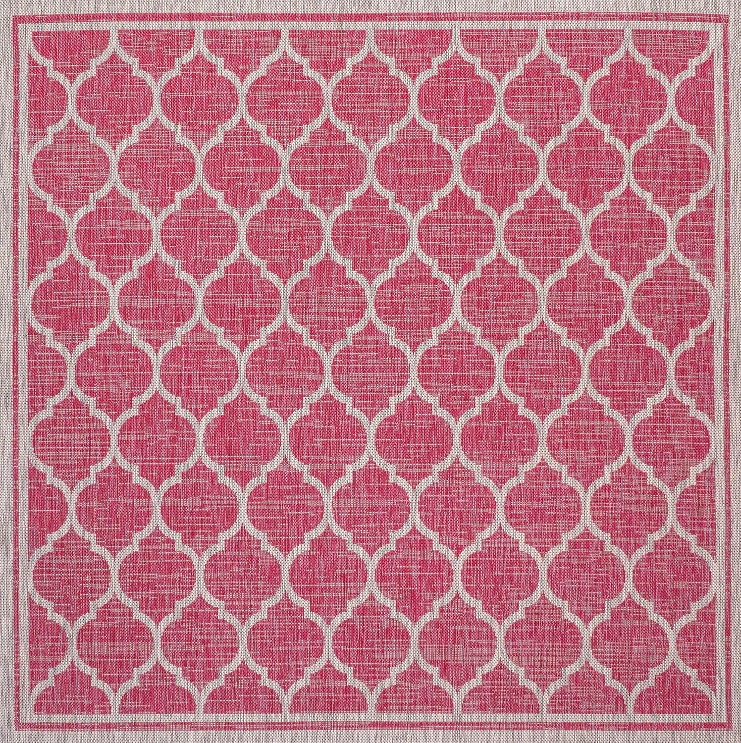 Eyely BMS109H-5SQ Santa Monica Trebol Moroccan Trellis Textured Weave Indoor/Outdoor Area Rug Coastal;Bohemian, Bedroom, Backyard, Patio, Easy-Cleaning, Non-Shedding, 5' Square, Fuchsia/Light Gray