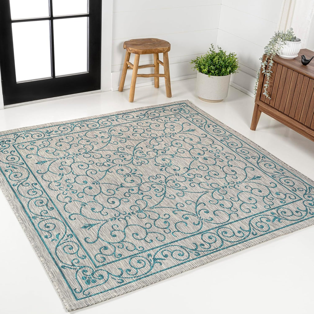 JONATHAN Y SMB106E-5SQ Charleston Vintage Filigree Textured Weave Gray/Teal 5' Square Indoor/Outdoor Area Rug, Pet Friendly, Non-Shedding, Stain Resistant, Easy-Cleaning for Backyard, Patio, Porch
