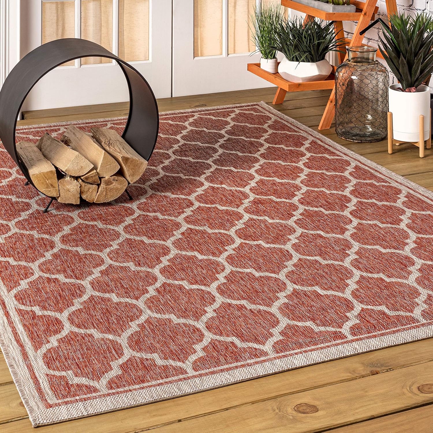 Eyely BMS109C-3 Santa Monica Trebol Moroccan Trellis Textured Weave Indoor/Outdoor Area Rug Coastal;Bohemian, Bedroom, Backyard, Patio, Easy-Cleaning, Non-Shedding, 3 X 5, Red/Beige
