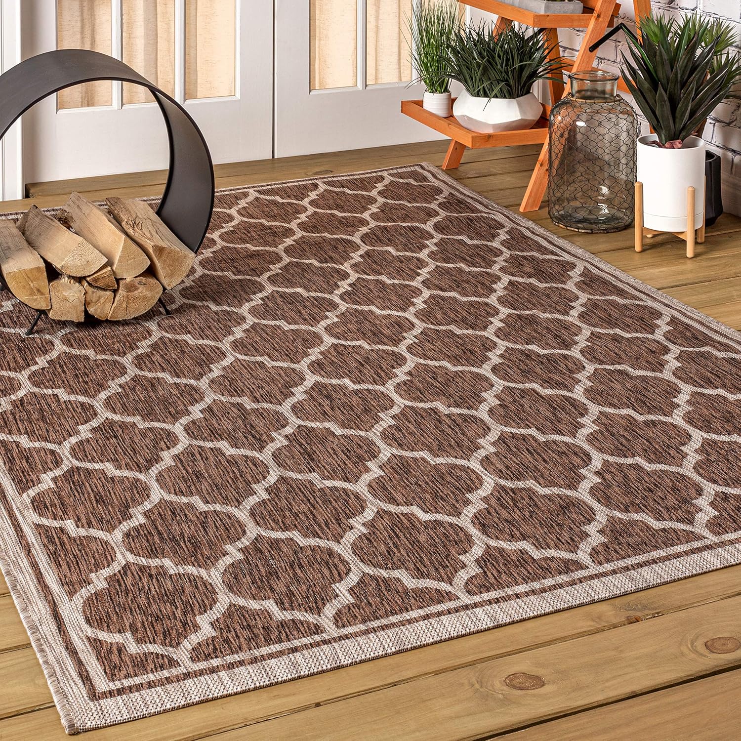 Eyely BMS109B-5 Santa Monica Trebol Moroccan Trellis Textured Weave Indoor/Outdoor Area Rug Coastal;Bohemian, Bedroom, Backyard, Patio, Easy-Cleaning, Non-Shedding, 5 X 8, Espresso/Taupe