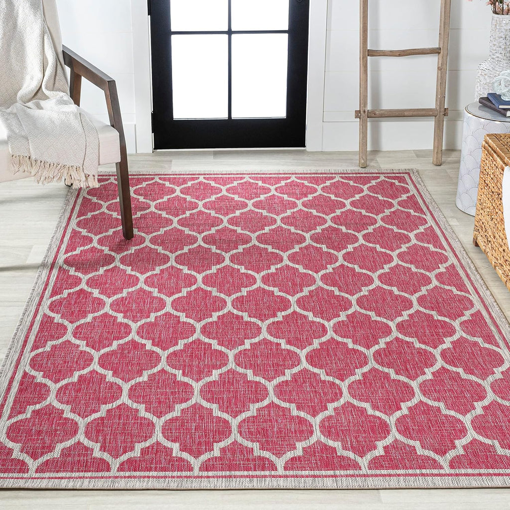 Eyely BMS109H-8 Santa Monica Trebol Moroccan Trellis Textured Weave Indoor/Outdoor Area Rug Coastal;Bohemian, Bedroom, Backyard, Patio, Easy-Cleaning, Non-Shedding, 8 X 10, Fuchsia/Light Gray