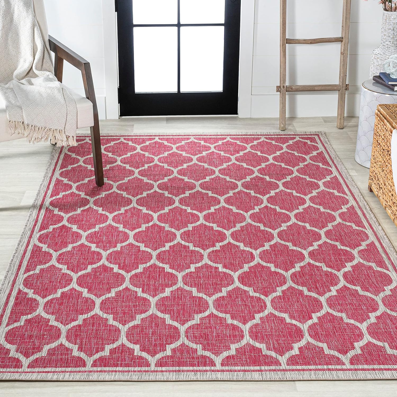 Eyely BMS109H-5 Santa Monica Trebol Moroccan Trellis Textured Weave Indoor/Outdoor Area Rug Coastal;Bohemian, Bedroom, Backyard, Patio, Easy-Cleaning, Non-Shedding, 5 X 8, Fuchsia/Light Gray