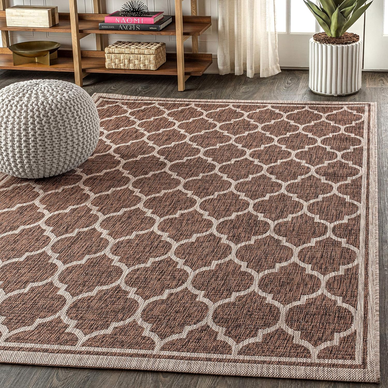Eyely BMS109B-8 Santa Monica Trebol Moroccan Trellis Textured Weave Indoor/Outdoor Area Rug Coastal;Bohemian, Bedroom, Backyard, Patio, Easy-Cleaning, Non-Shedding, 8 X 10, Espresso/Taupe