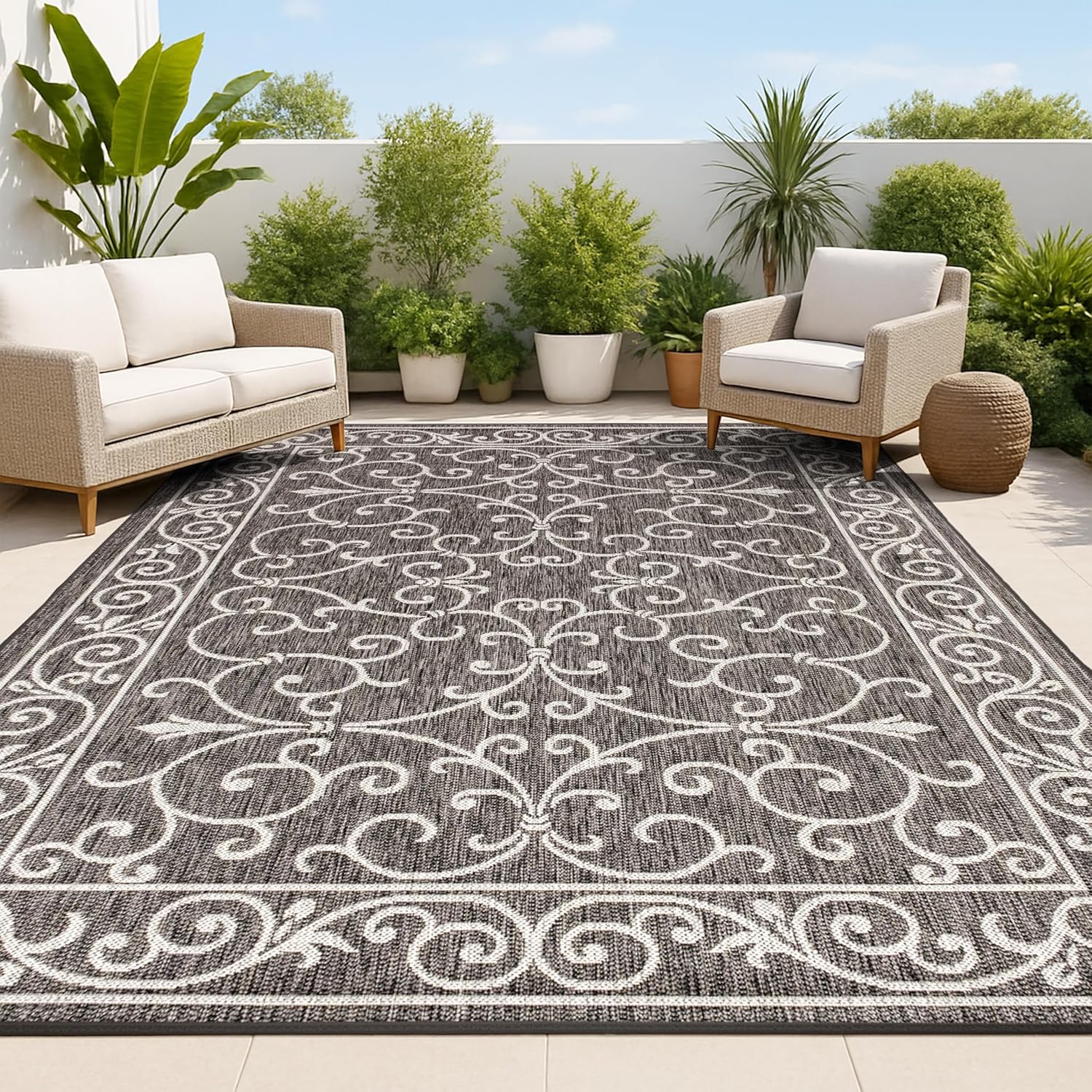 JONATHAN Y SMB106G-14 Charleston Vintage Filigree Textured Weave Black/Gray 10 ft. x 14 ft. Indoor/Outdoor Area Rug, Pet Friendly, Non-Shedding, Stain Resistant, Easy-Cleaning for Backyard, Patio