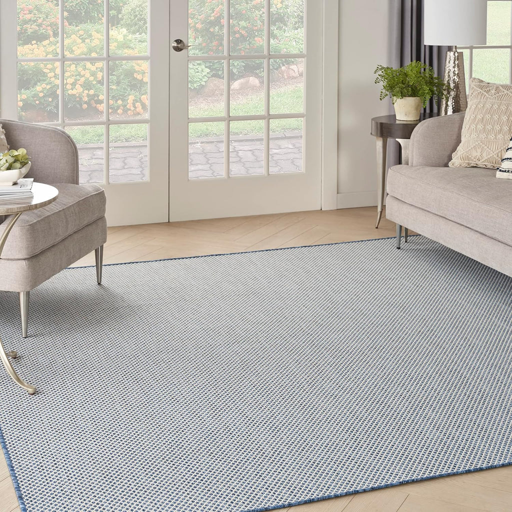 Nourison Home Courtyard Indoor/Outdoor Ivory Blue 8' x Square Area Rug, Easy Cleaning, Non Shedding, Bed Room, Living Room, Dining Room, Backyard, Deck, Patio (8 Square)