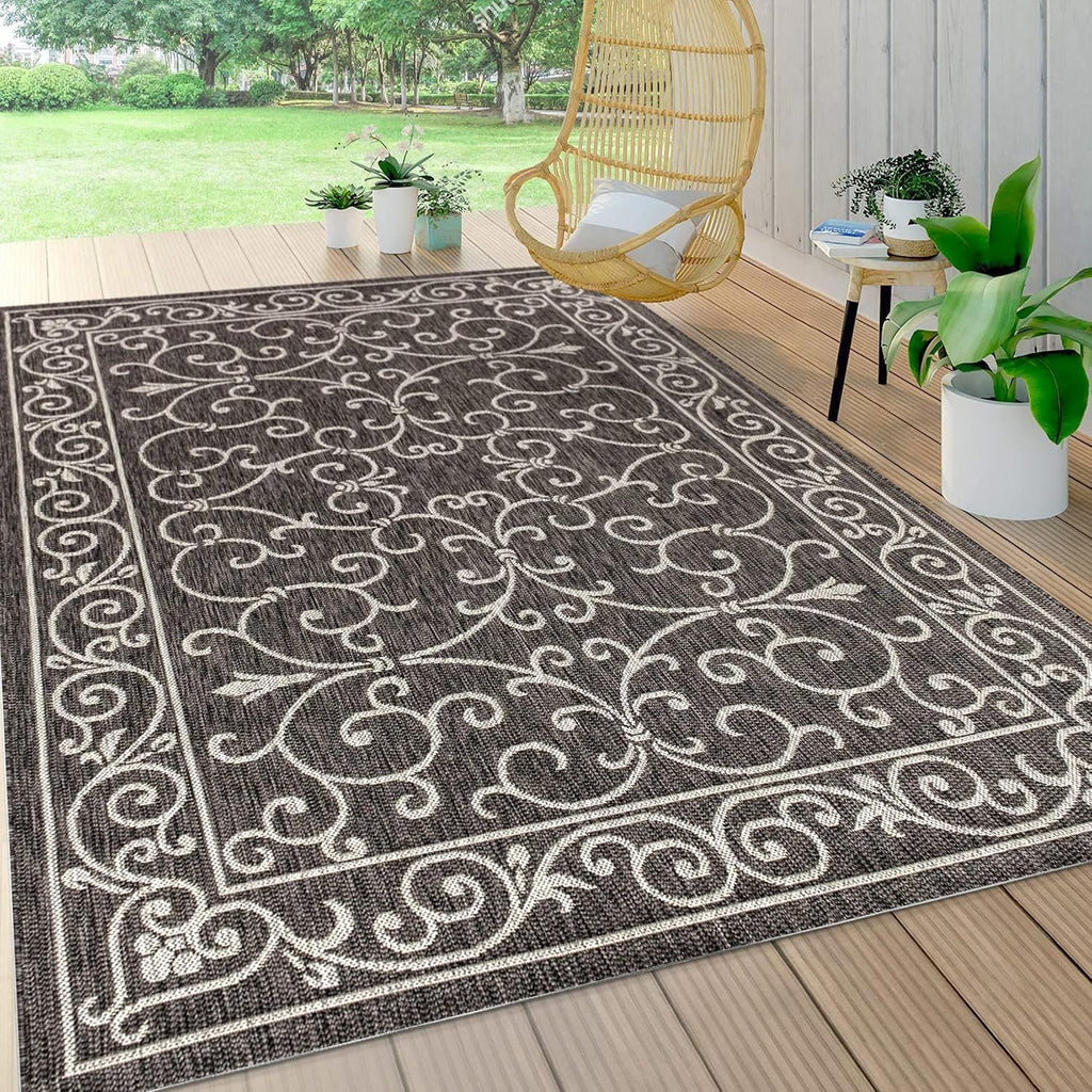JONATHAN Y SMB106G-4 Charleston Vintage Filigree Textured Weave Indoor Outdoor Rug LivingRoom Backyard,4 X 6,Black/Gray