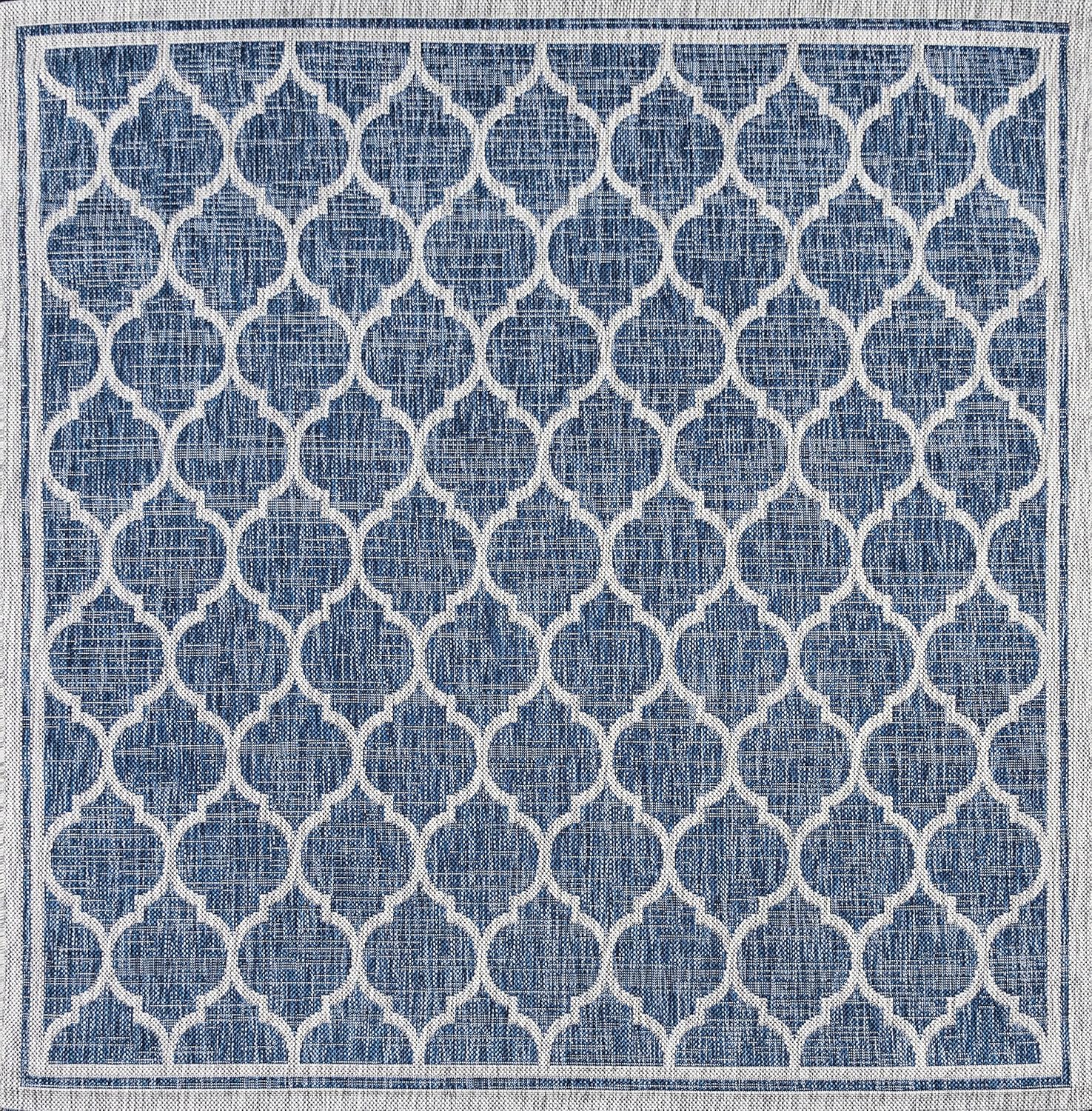 Eyely BMS109D-5SQ Santa Monica Trebol Moroccan Trellis Textured Weave Indoor/Outdoor Area Rug Coastal;Bohemian, Bedroom, Backyard, Patio, Easy-Cleaning, Non-Shedding, 5' Square, Navy/Gray