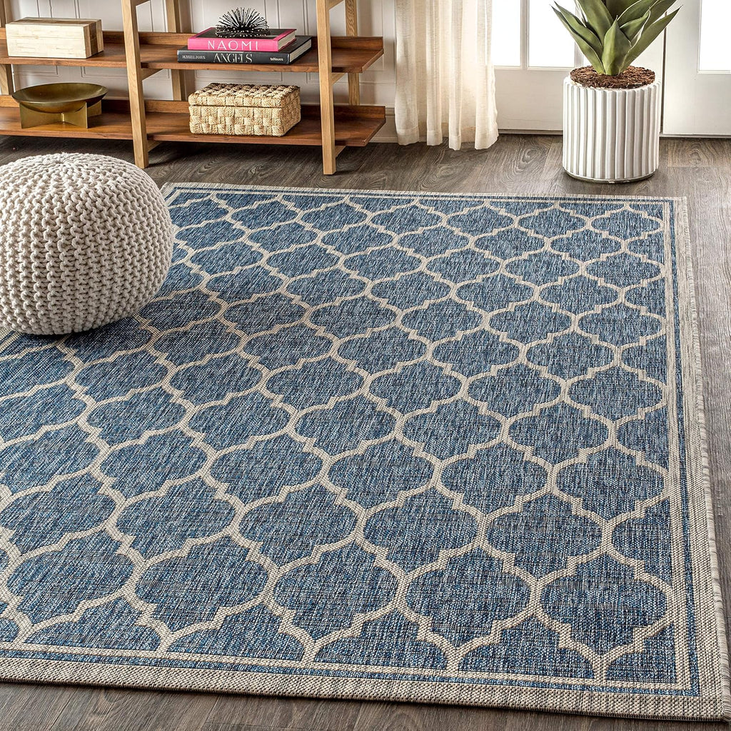 Eyely BMS109D-4 Santa Monica Trebol Moroccan Trellis Textured Weave Indoor/Outdoor Area Rug Coastal;Bohemian, Bedroom, Backyard, Patio, Easy-Cleaning, Non-Shedding, 4 X 6, Navy/Gray