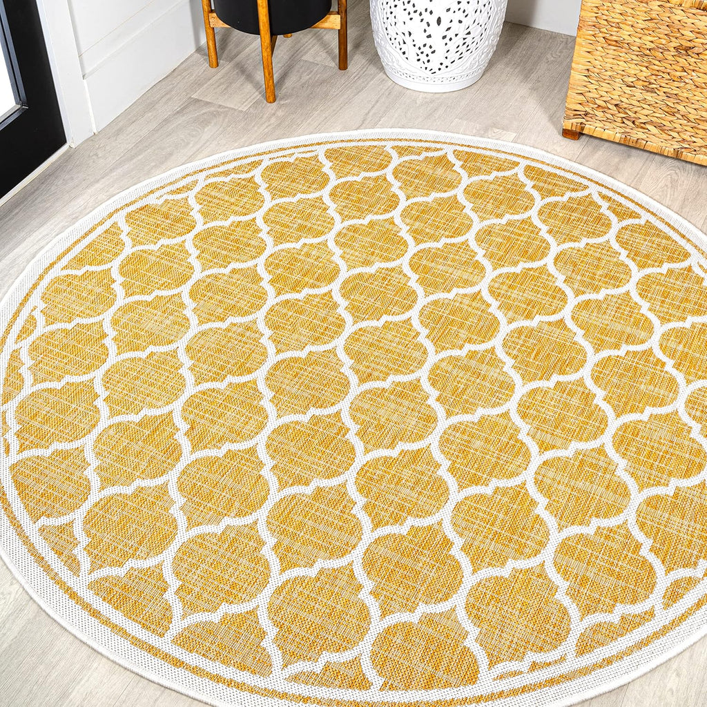Eyely BMS109F-5R Santa Monica Trebol Moroccan Trellis Textured Weave Indoor/Outdoor Area Rug Coastal;Bohemian, Bedroom, Backyard, Patio, Easy-Cleaning, Non-Shedding, 5' Round, Yellow/Cream