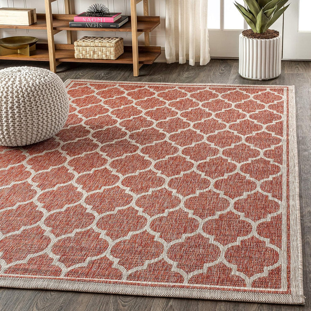 Eyely BMS109C-3 Santa Monica Trebol Moroccan Trellis Textured Weave Indoor/Outdoor Area Rug Coastal;Bohemian, Bedroom, Backyard, Patio, Easy-Cleaning, Non-Shedding, 3 X 5, Red/Beige