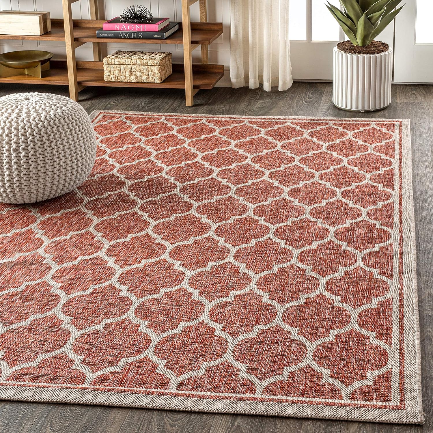 Eyely BMS109C-4 Santa Monica Trebol Moroccan Trellis Textured Weave Indoor/Outdoor Area Rug Coastal;Bohemian, Bedroom, Backyard, Patio, Easy-Cleaning, Non-Shedding, 4 X 6, Red/Beige