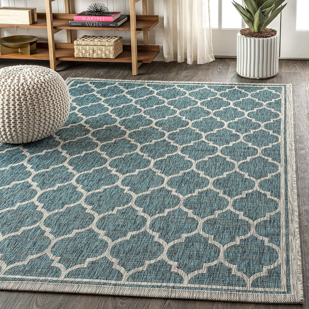 Eyely BMS109E-3 Santa Monica Trebol Moroccan Trellis Textured Weave Indoor/Outdoor Area Rug Coastal;Bohemian, Bedroom, Backyard, Patio, Easy-Cleaning, Non-Shedding, 3 X 5, Teal/Gray