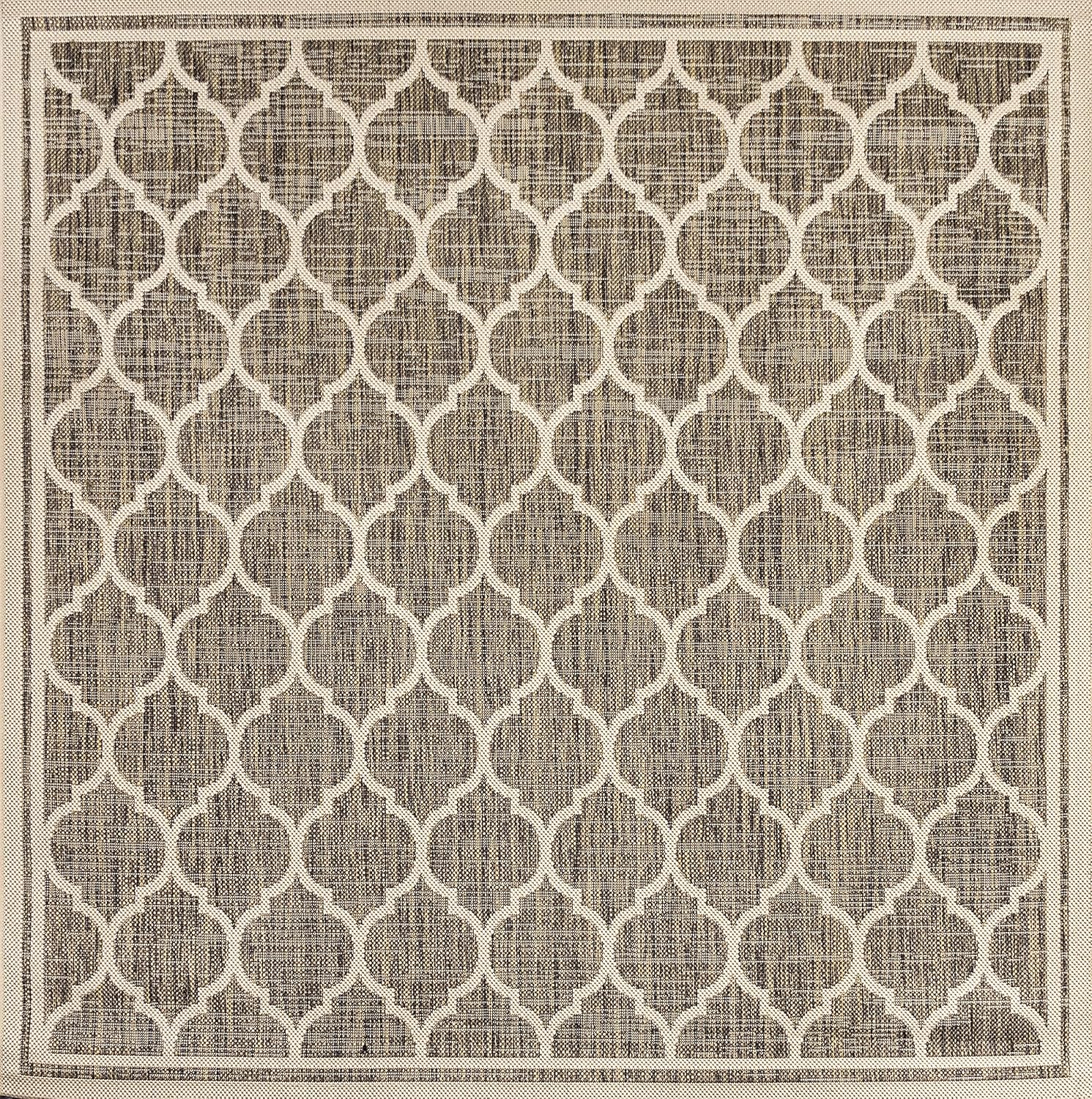 Eyely BMS109A-5SQ Santa Monica Trebol Moroccan Trellis Textured Weave Indoor/Outdoor Area Rug Coastal;Bohemian, Bedroom, Backyard, Patio, Easy-Cleaning, Non-Shedding, 5' Square, Brown/Beige